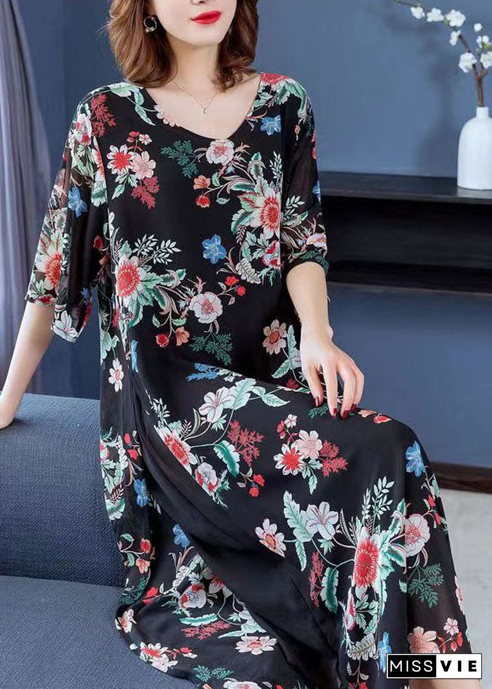 Modern Black V Neck Print Patchwork Chiffon Long Dress Summer