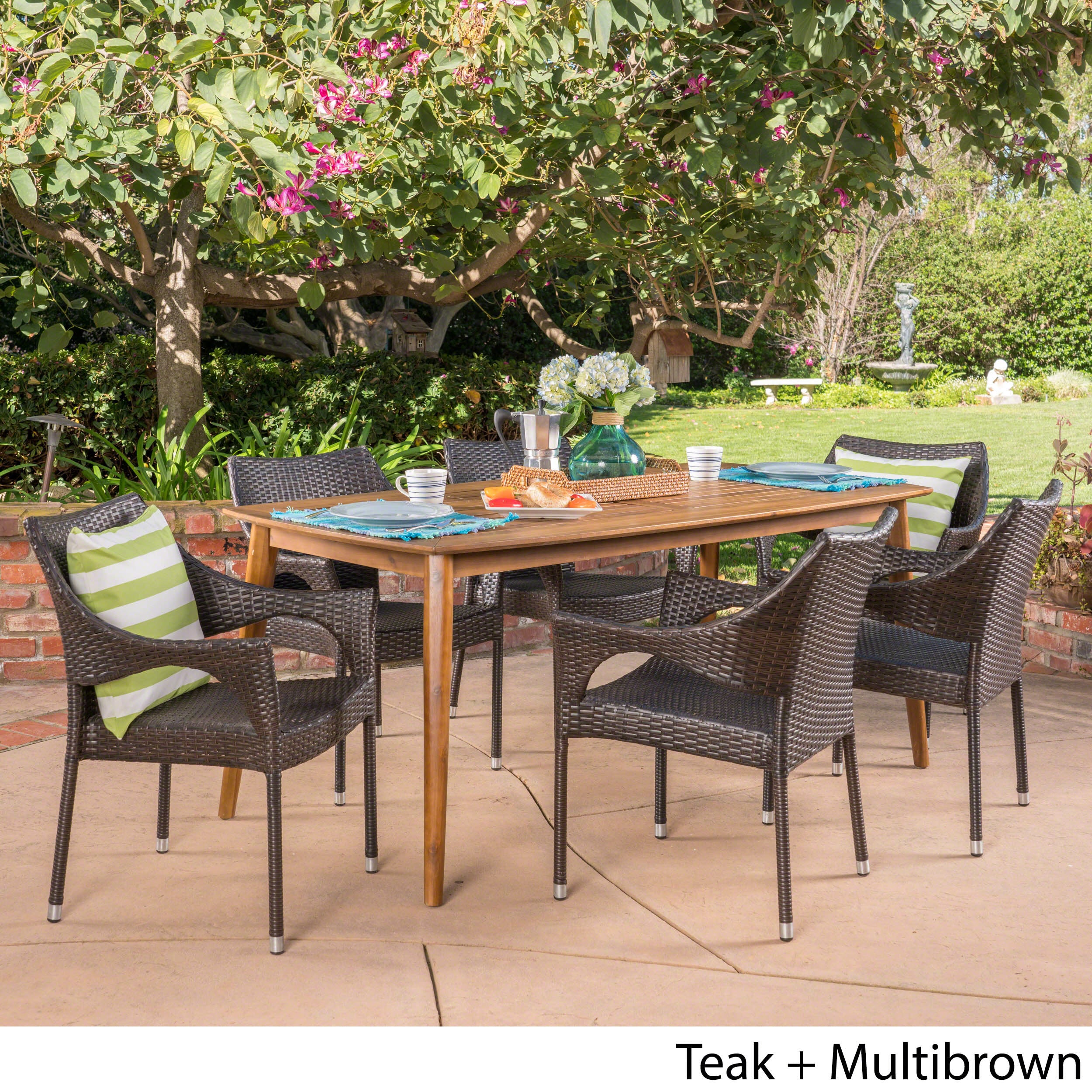 Kado Outdoor 7 Piece Multibrown Wicker Dining Set with Teak Finish Rectangular Acacia Wood Dining Table