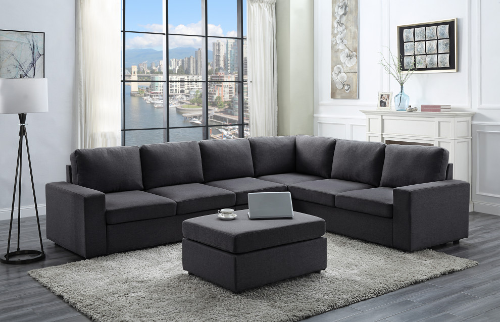 Bayside Modular Sectional Sofa With Ottoman  Dark Gray Linen   Transitional   Sectional Sofas   by Kolibri Decor  Houzz