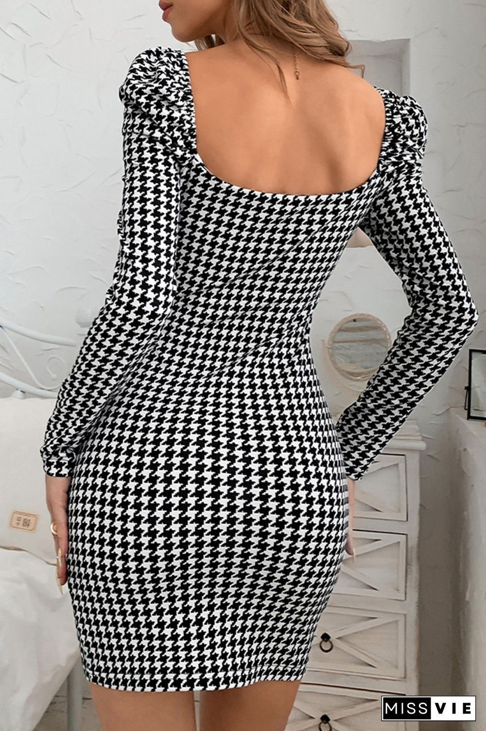 Houndstooth U-neck Long Sleeve Dress Wholesale