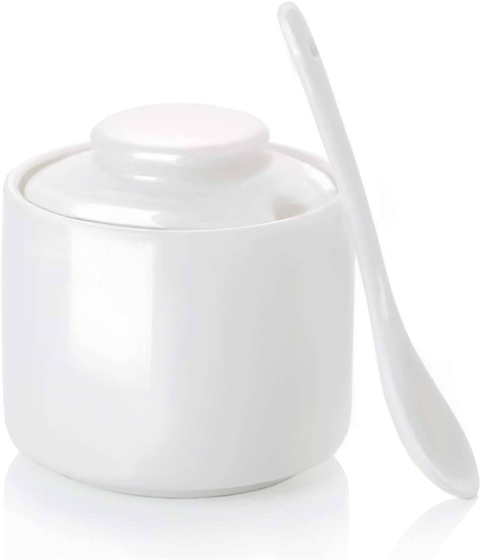 Sugar Bowl，Ceramic Sugar Jar with Lid and Spoon，Seasoning Box Salt Bowl for Kitchen 8oz，White