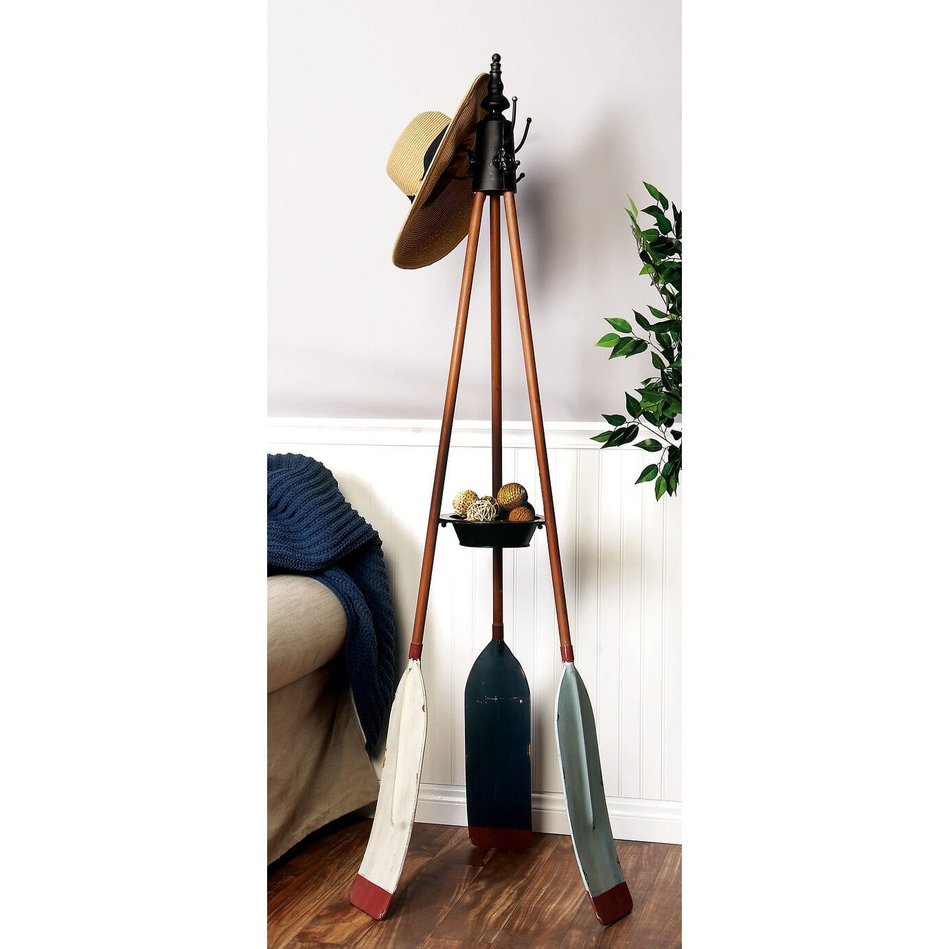 Studio 350 Brown Wood Black Iron Coastal Nautical Oar Tripod Coat Rack