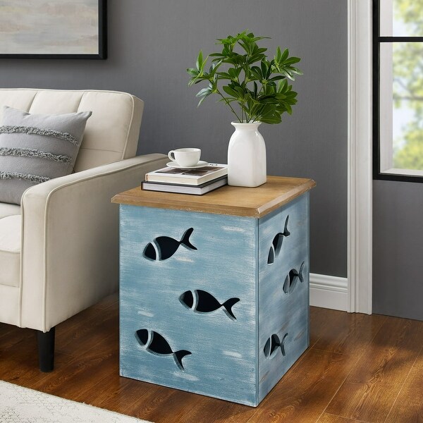 Creekview Coastal Square Metal Accent Side Table with Cutout Fish， Natural Top and Blue Base