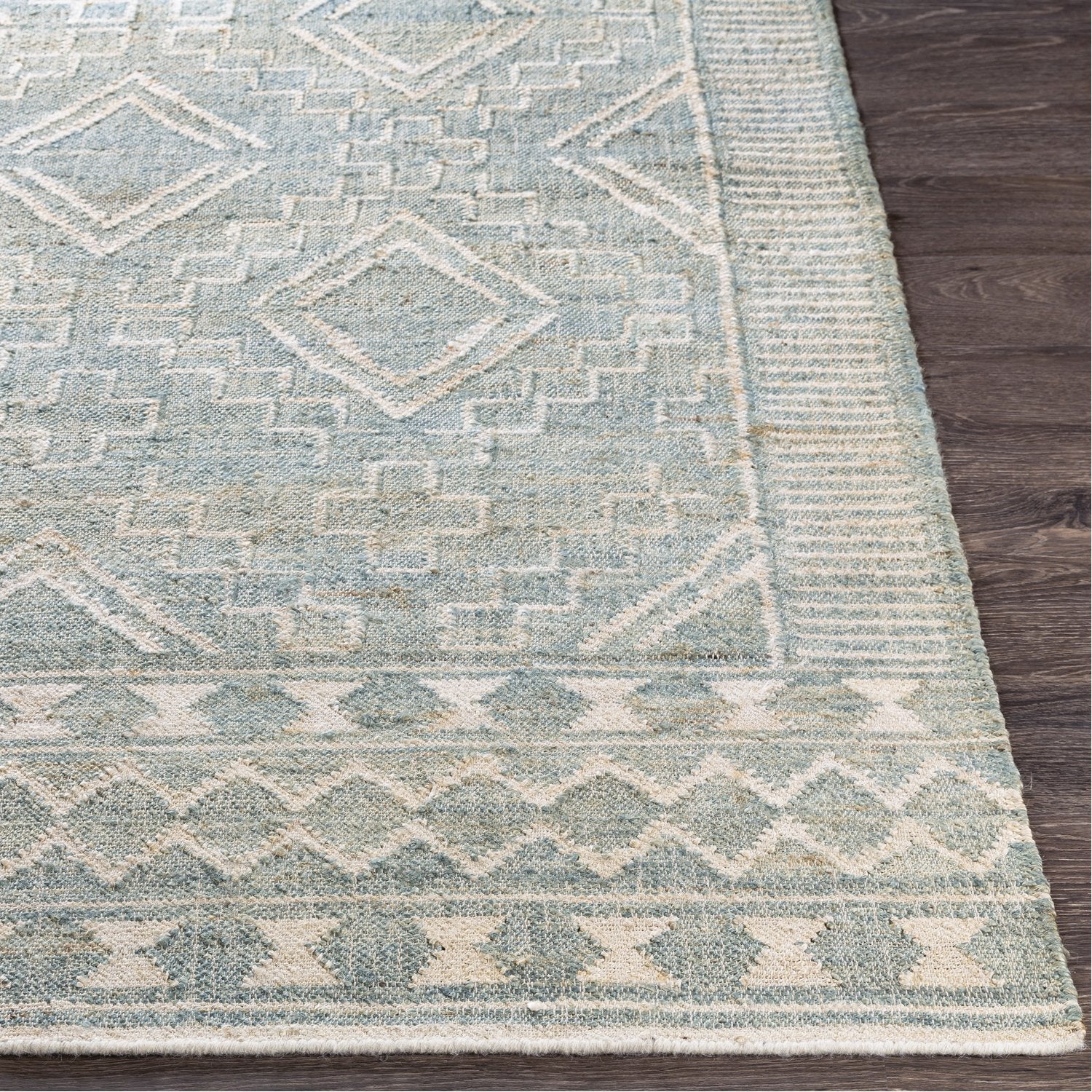 Cadence Hand Woven Rug in Sage, Cream, Camel, Ice Blue, Tan