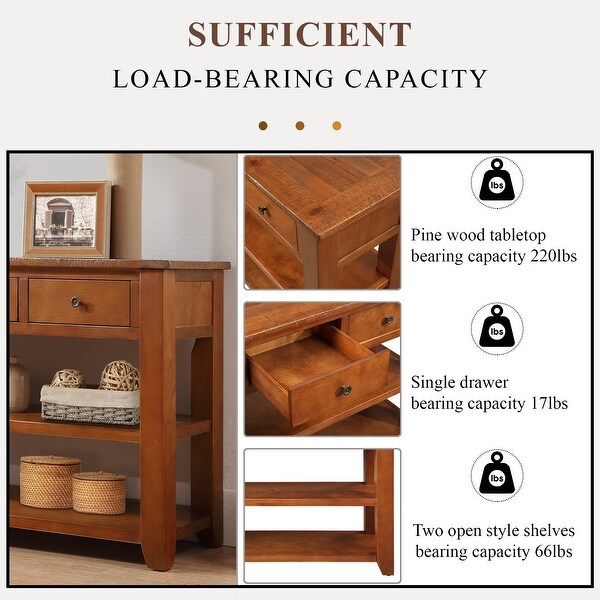 Solid Pine Wood Console Table Cabinet， Classic Vintage Design Entryway Side Table with 3 Storage Drawers and 2 Shelves