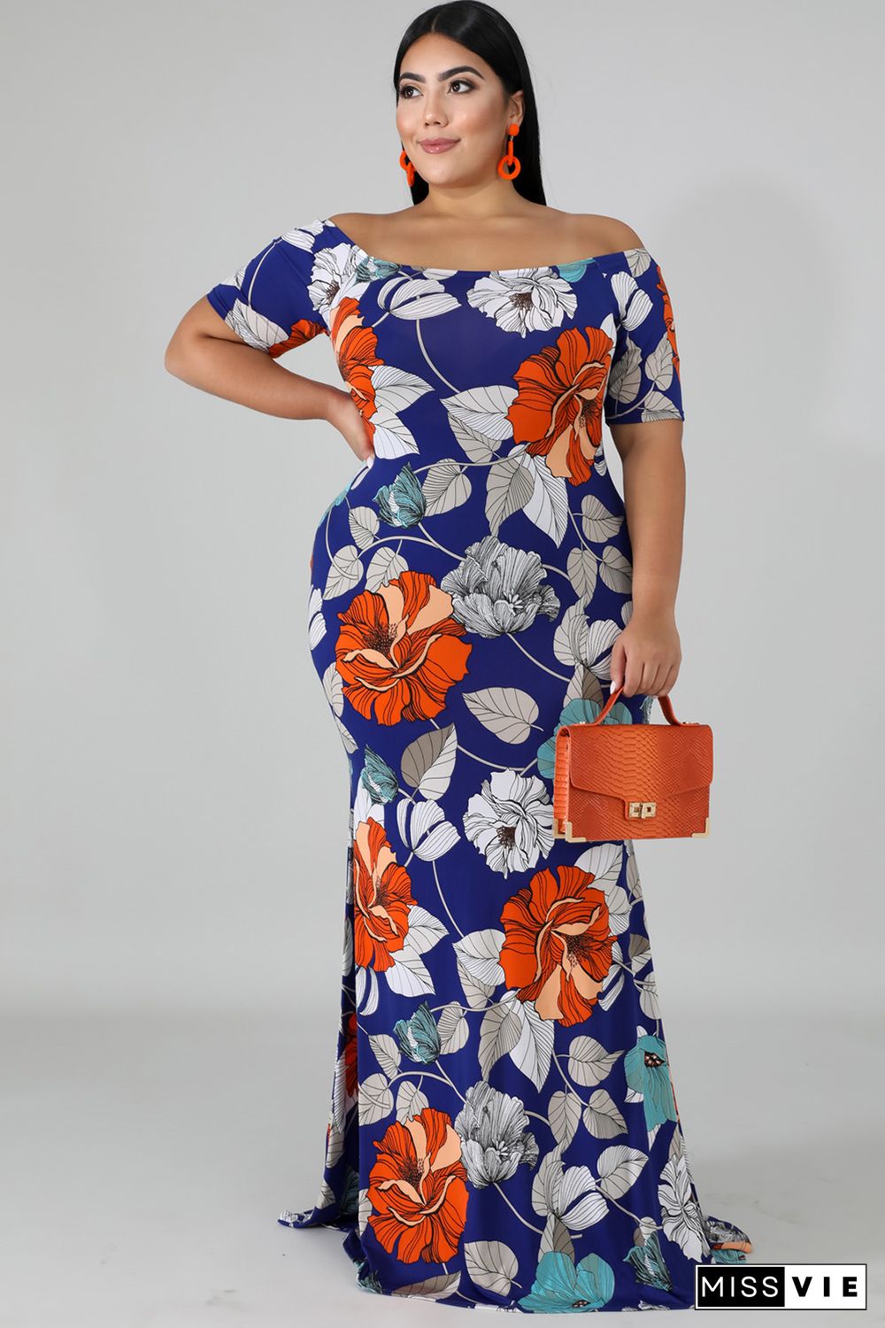 Blue Off-the-shoulder Floral Print Plus Size Maxi Dress