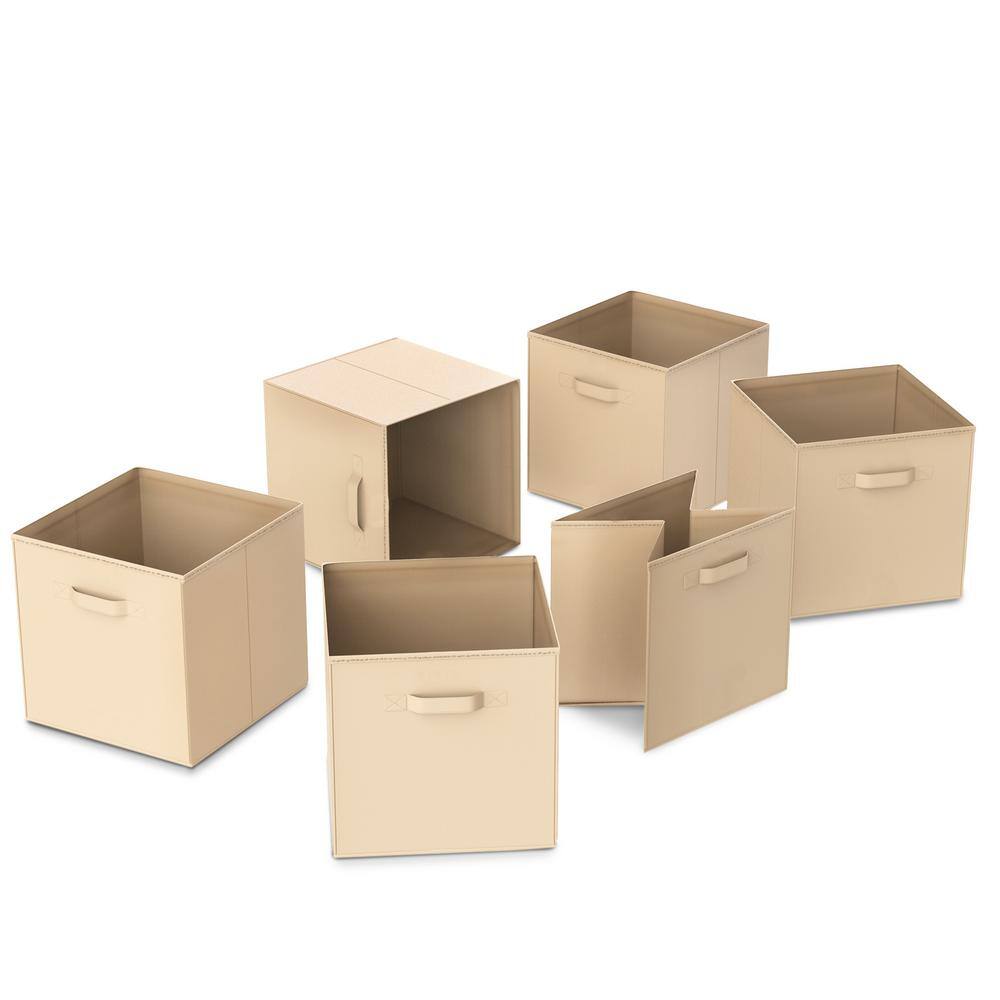 Beige 6-Piece Fabric Foldable Storage Cubes  Bins for Shelving Unit (10.5 in. W x 10.5 in. H x 11.15 in. D) 400037VEG