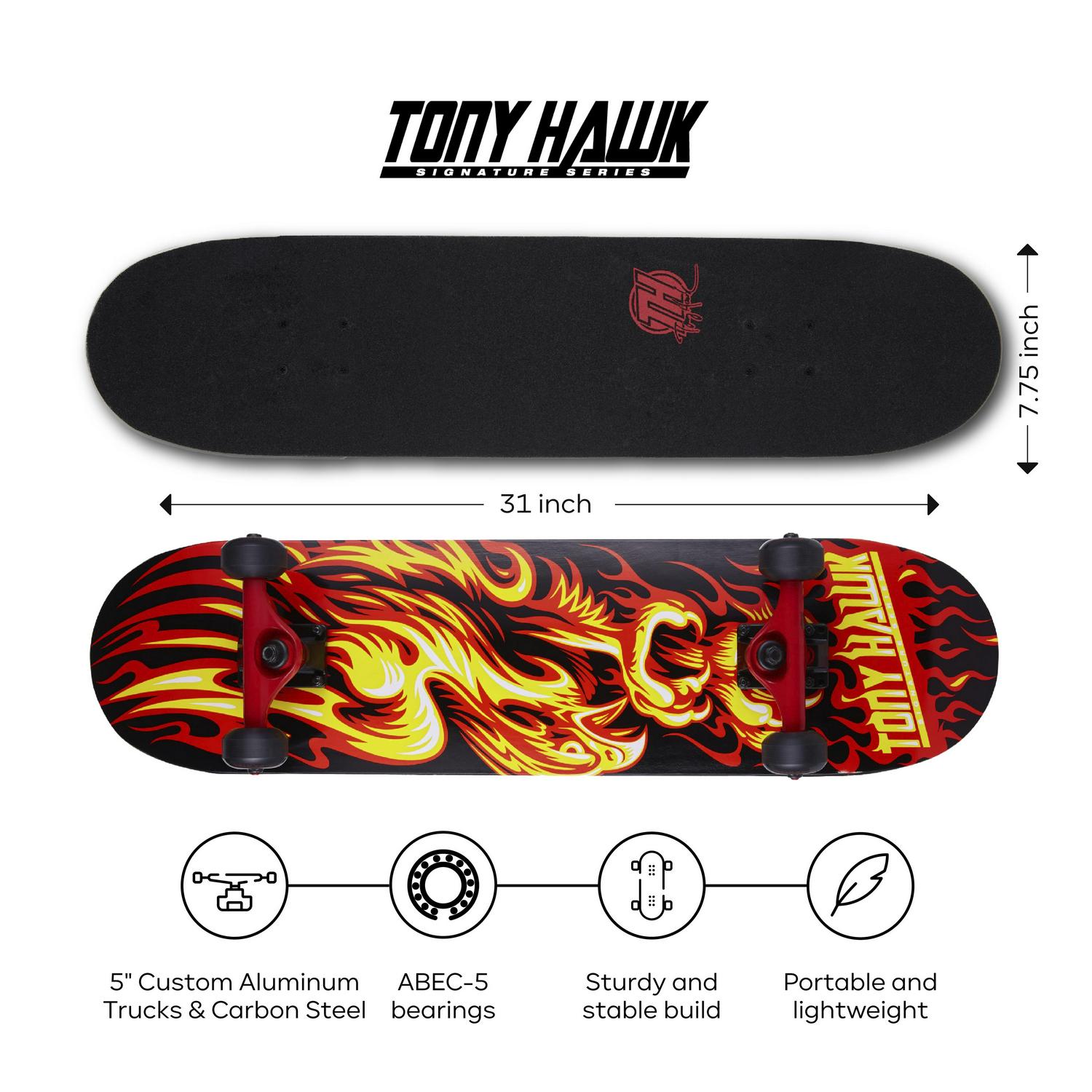 Tony Hawk Series 4 Popsicle Flame Hawk Skateboard， 7 ply Maple， 58mm x 45mm Polyurethane Cast Performance Wheels