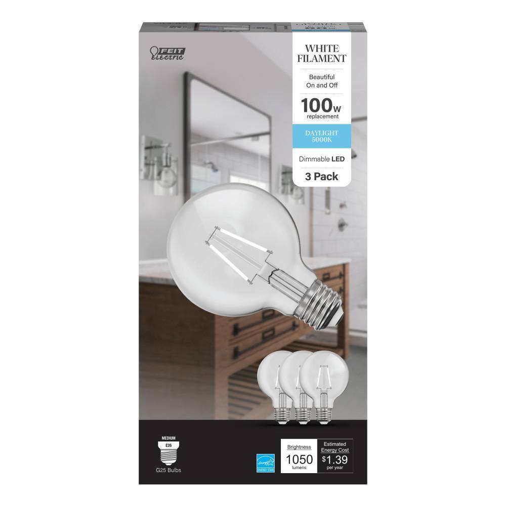 Feit Electric 100-Watt Equivalent G25 Dimmable White Filament CEC Clear Glass LED Globe Light Bulb Daylight 5000K (3-Pack) G25100950CAWFILHDRP3