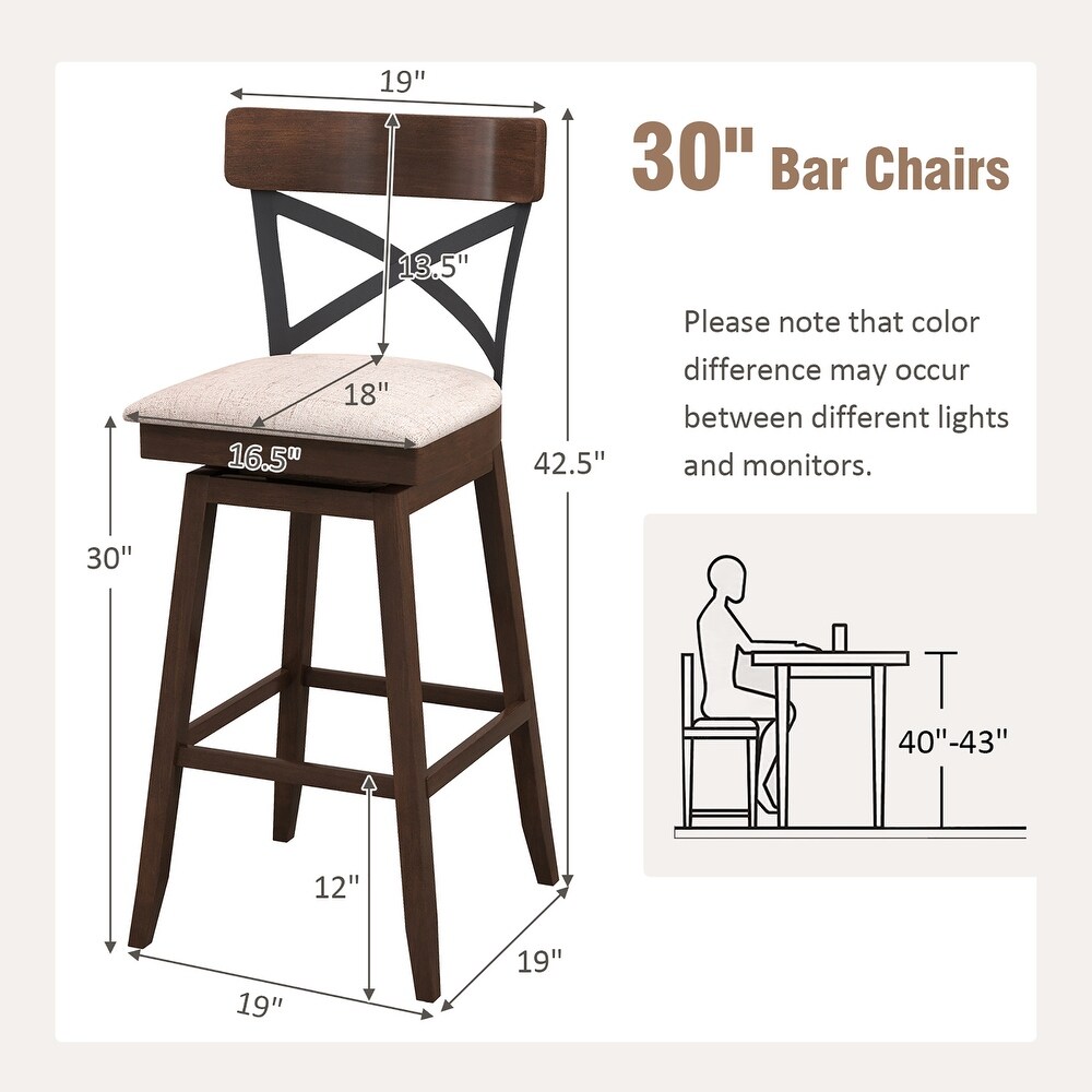 Costway Set of 2 Wooden Swivel Bar Stools Upholstered Counter Height