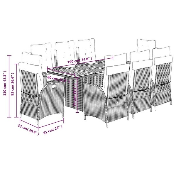 vidaXL 9 Piece Patio Dining Set with Cushions Gray Poly Rattan