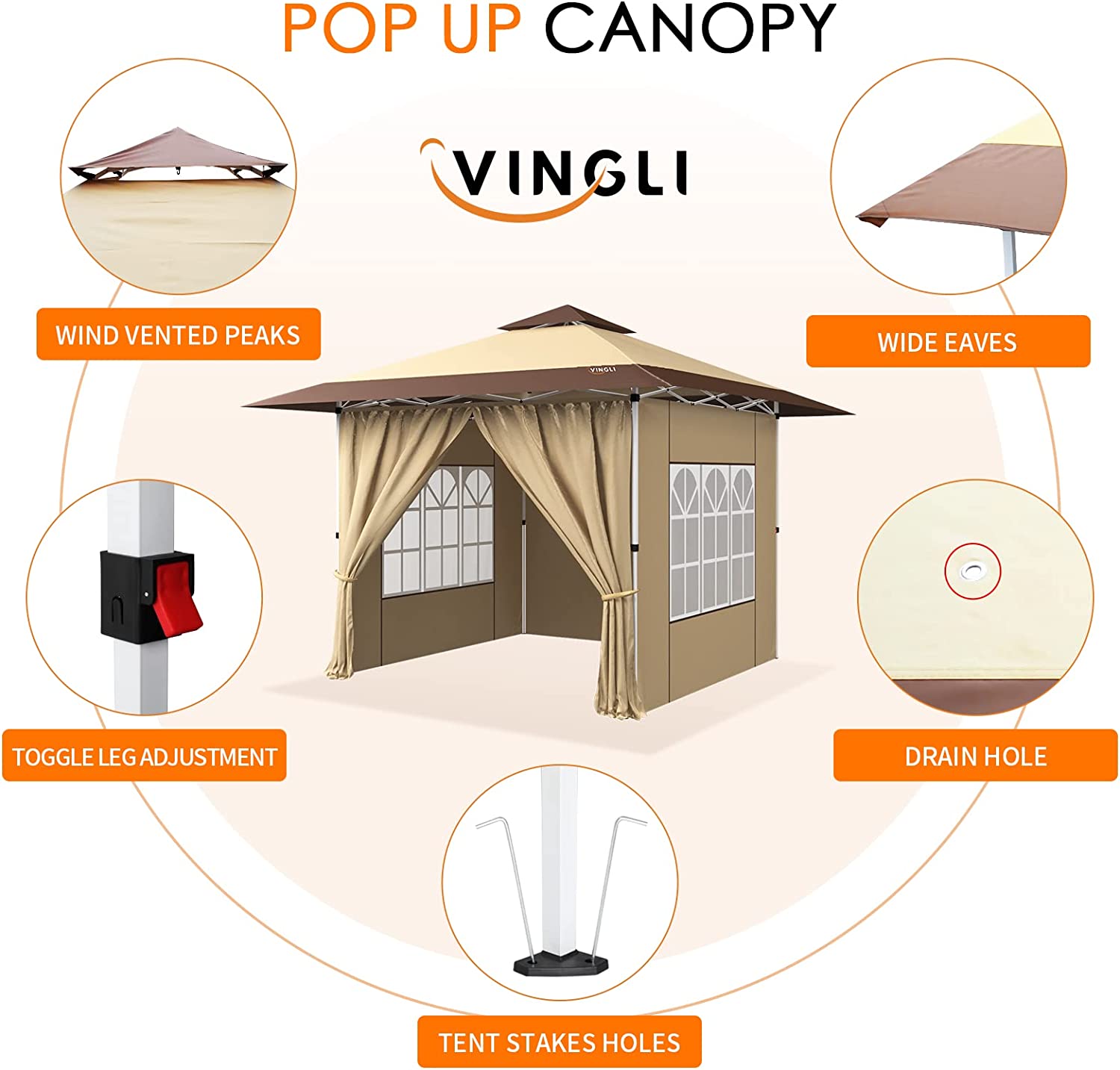 VINGLI Pop Up Canopy Tent 12 x 12ft with Removable 4 Sidewalls & Portable Rolling Carrying Bag, Patio Gazebo Party Tent Outdoor Folding Canopy Tent