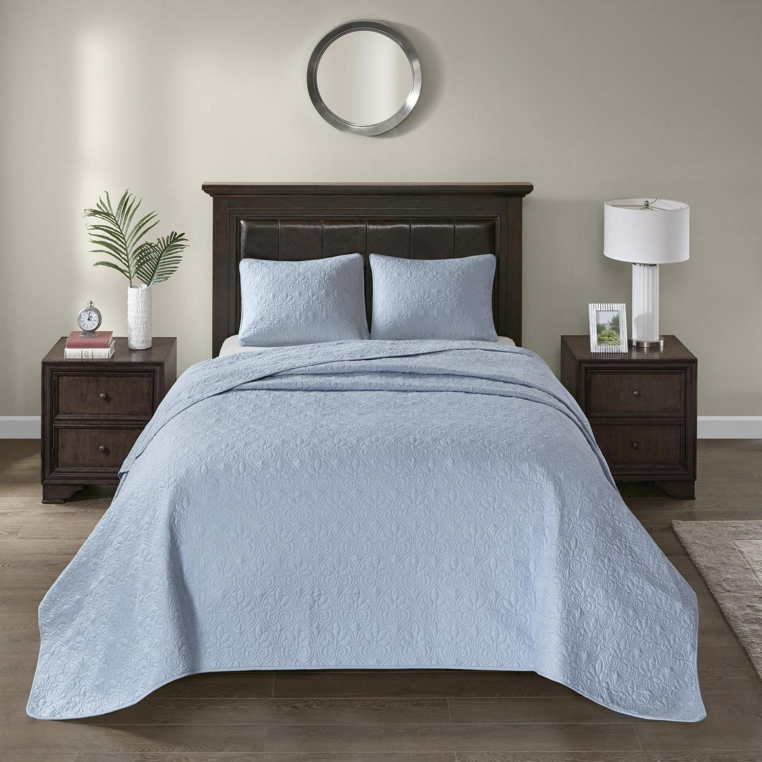 Home Essence Vancouver Solid Reversible Bedspread Set， Blue， Queen