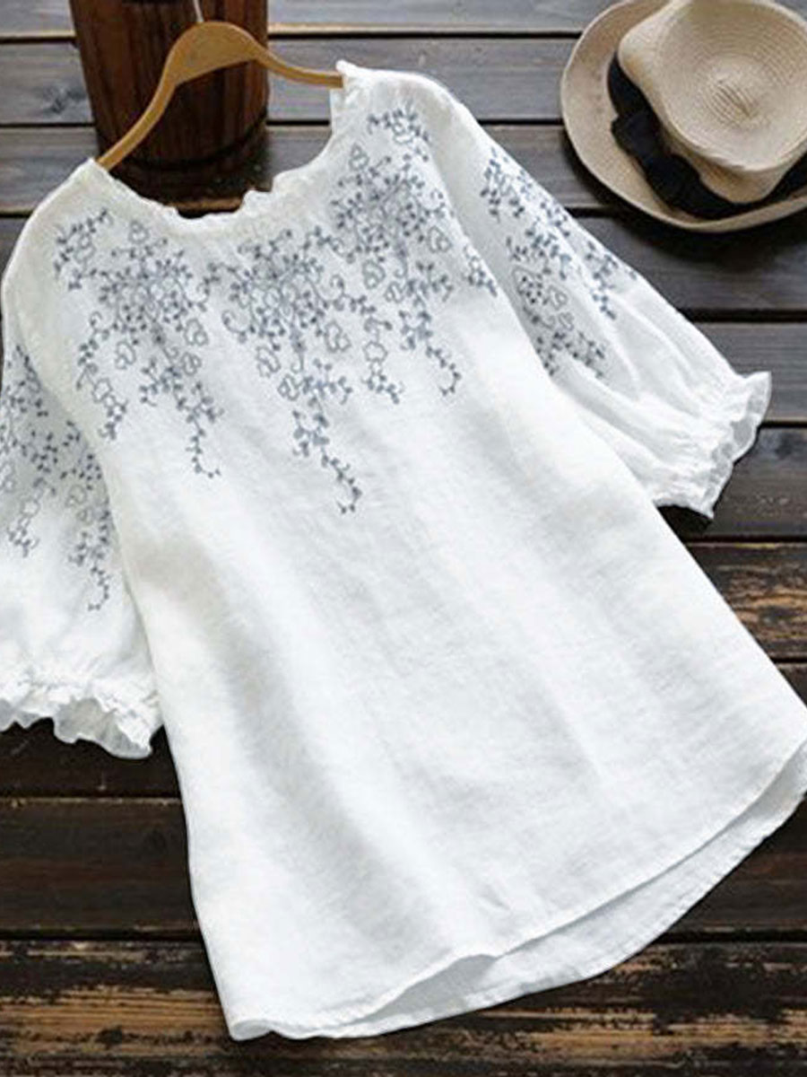 Round Neck Casual Loose Embroidered Short Sleeve Blouse