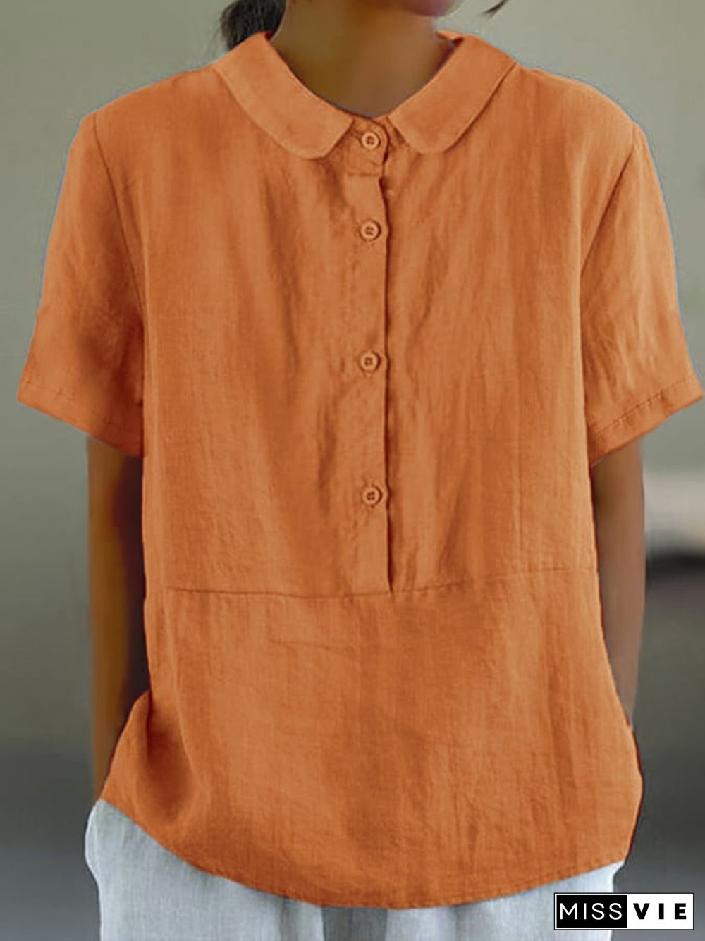 Women's Solid Color Cotton And Linen Lapel Short Sleeved Casual Blouse