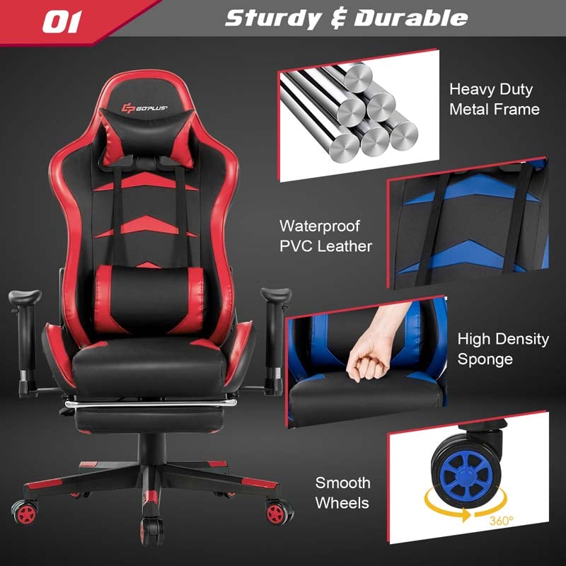 PU Leather Massage Gaming Chair with Footrest, Height Adjustable High Back Ergonomic Gamer Racing Recliner, Swivel PC Game Chair Office Chair