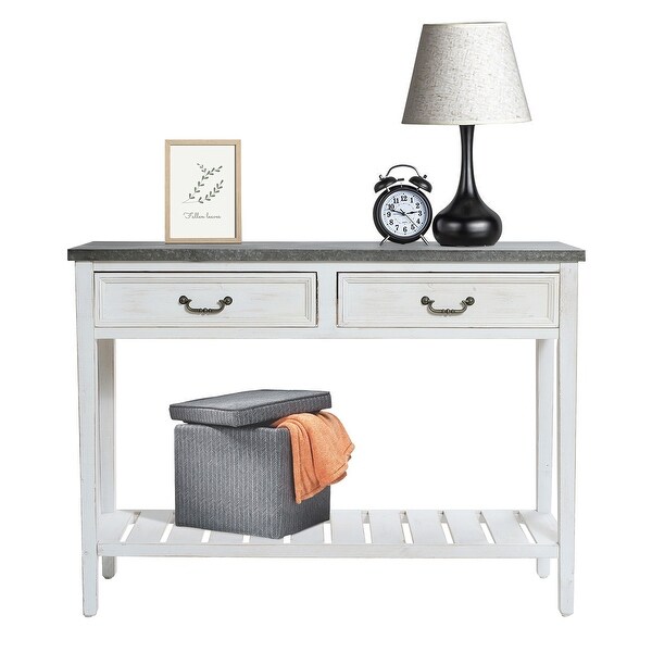 Farmhouse Distressed White Wood and Galvanize Top Console Table - 31.5