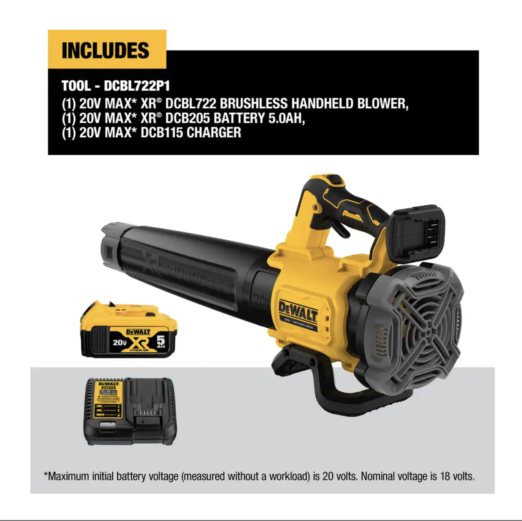 Dewalt 20V MAX 125 Mph 450 CFM Brushless Cordless Battery Powered Handheld Leaf Blower with (1) 5Ah Battery and Charger