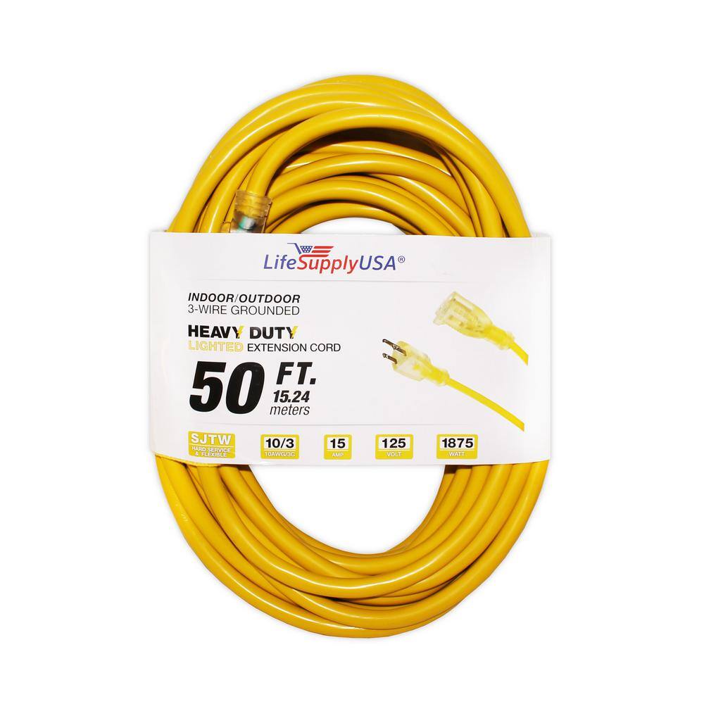 LifeSupplyUSA 50 ft. 103 SJTW 15 Amp 125-Volt 1875-Watt Lighted End Outdoor Super Heavy-Duty Jacket Extension Cord (10-Pack) 1010350FT