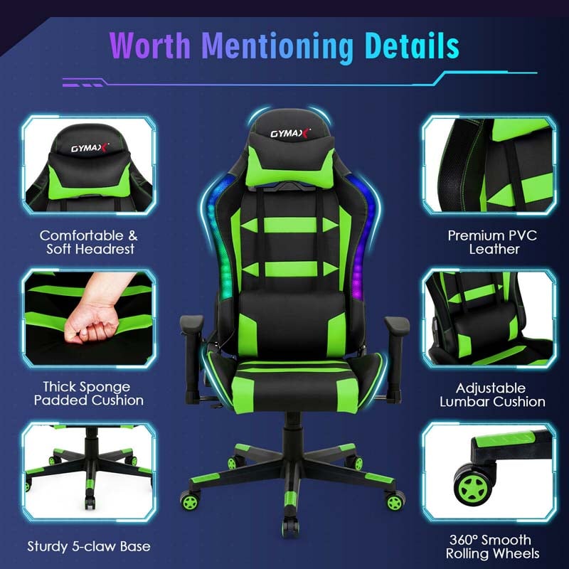 High Back RGB Gaming Chair, Ergonomic Video Game Chair with LED Lights, PVC Leather E-Sport Computer Chair