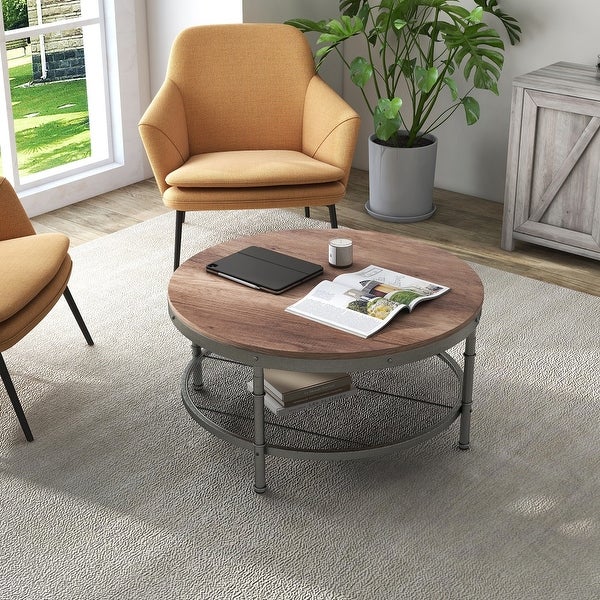 2-Tier Single Panel Round Coffee Table with Metal Frame and Mesh