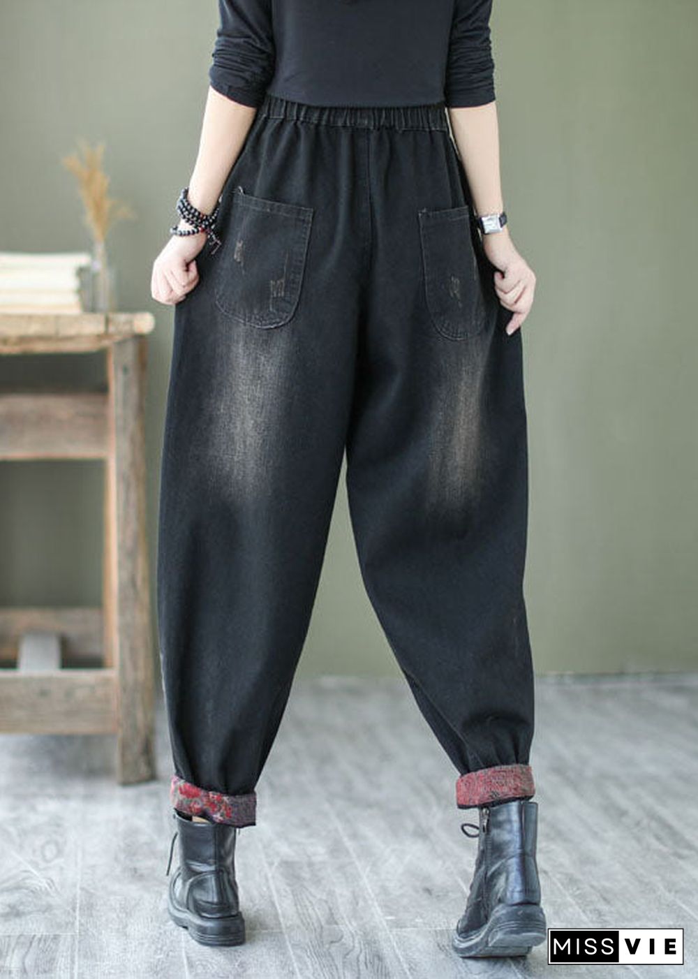 Natural Black Button denim harem Pants Spring