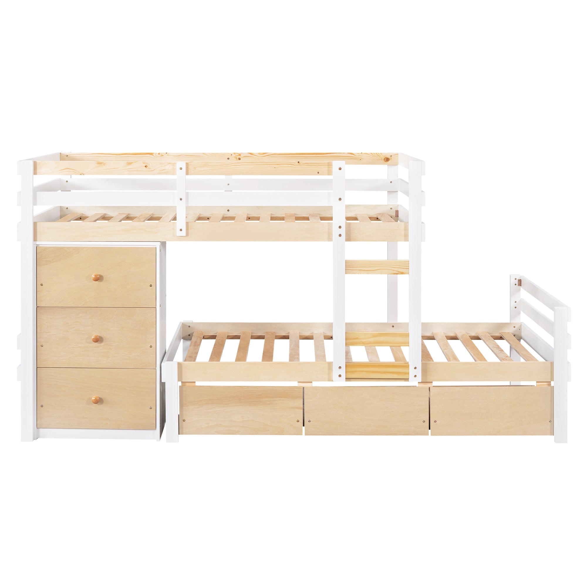 Twin over Twin Bunk Bed with Six Drawers for Kids Room, Natural