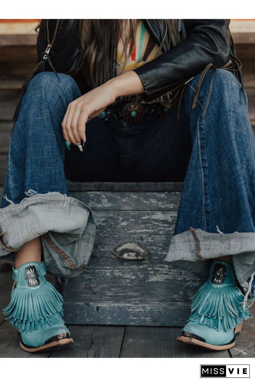 Hollow Tassels Chunky Heels Ankle Boots