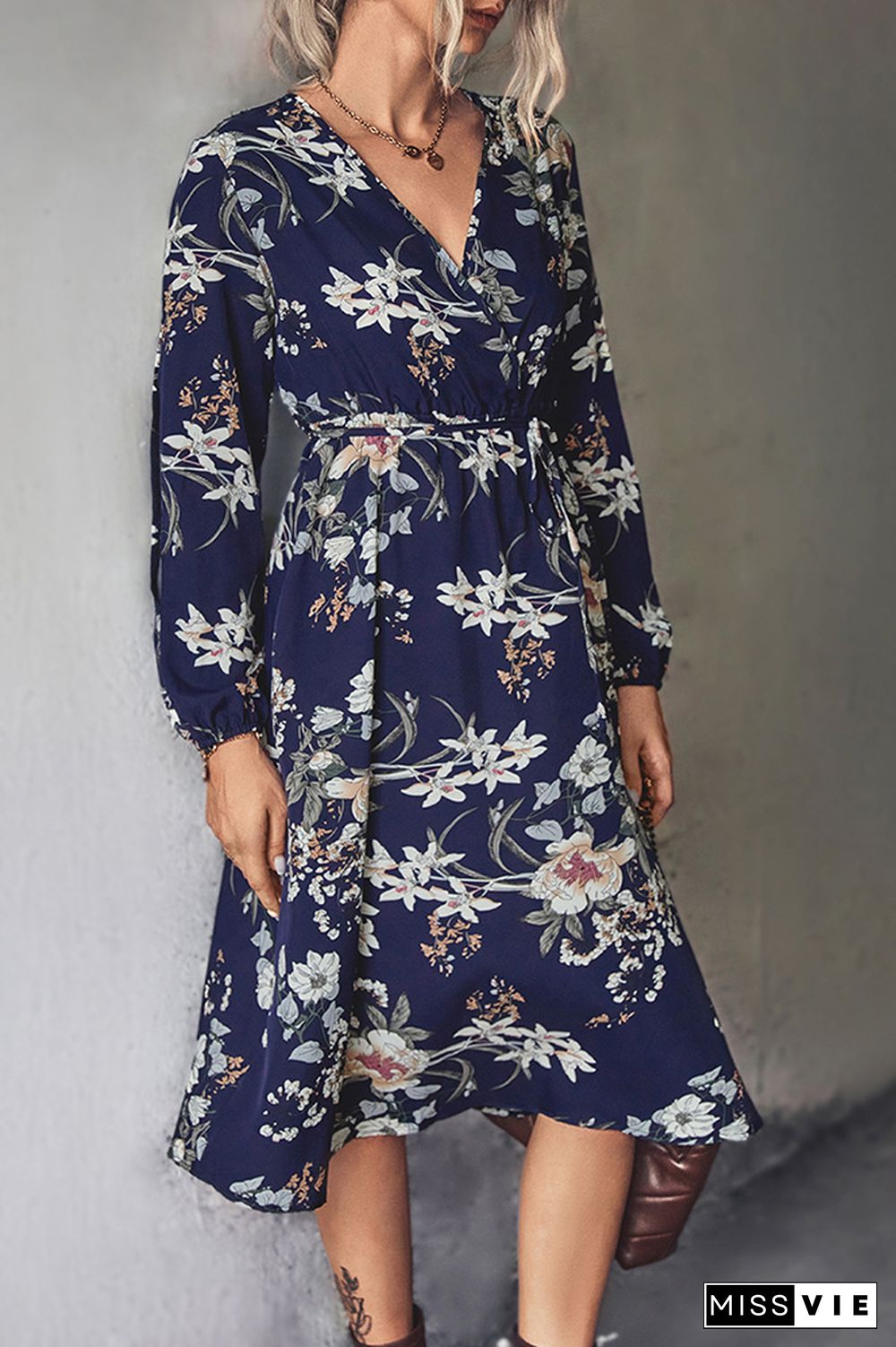 Puff Sleeve V Neck High Waist Floral Dress