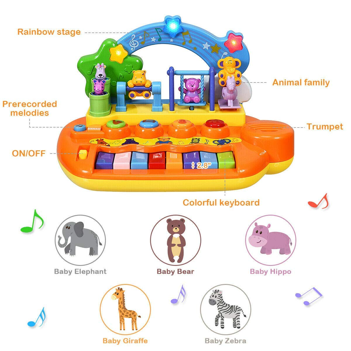 Costzon 8 Keys Kids Educational Piano Keyboard Toy, Animal Family Musical Instrument Toys with LED Light