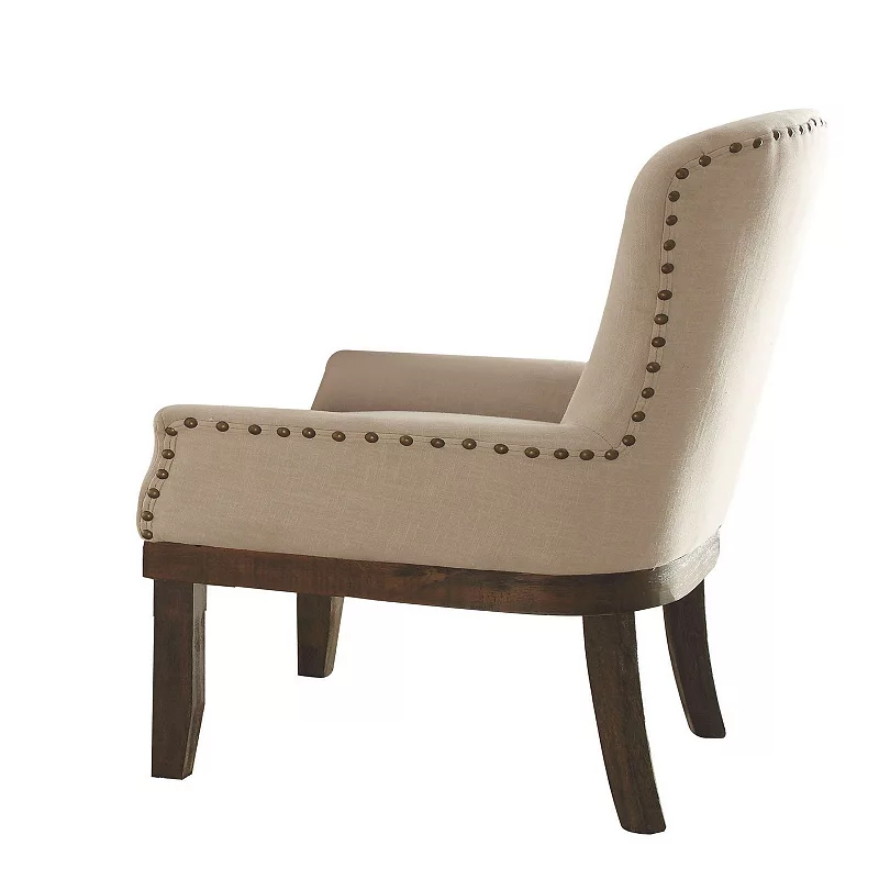 Wooden Arm Chair with Wing Back and Nailhead Trims， Beige and Brown