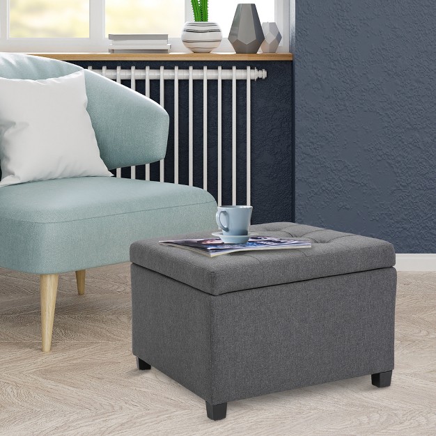 Homcom Fabric Tufted Storage Ottoman With Flip Top Seat Lid Metal Hinge And Stable Eucalyptus Wood Frame For Living Room Entryway Or Bedroom Gray