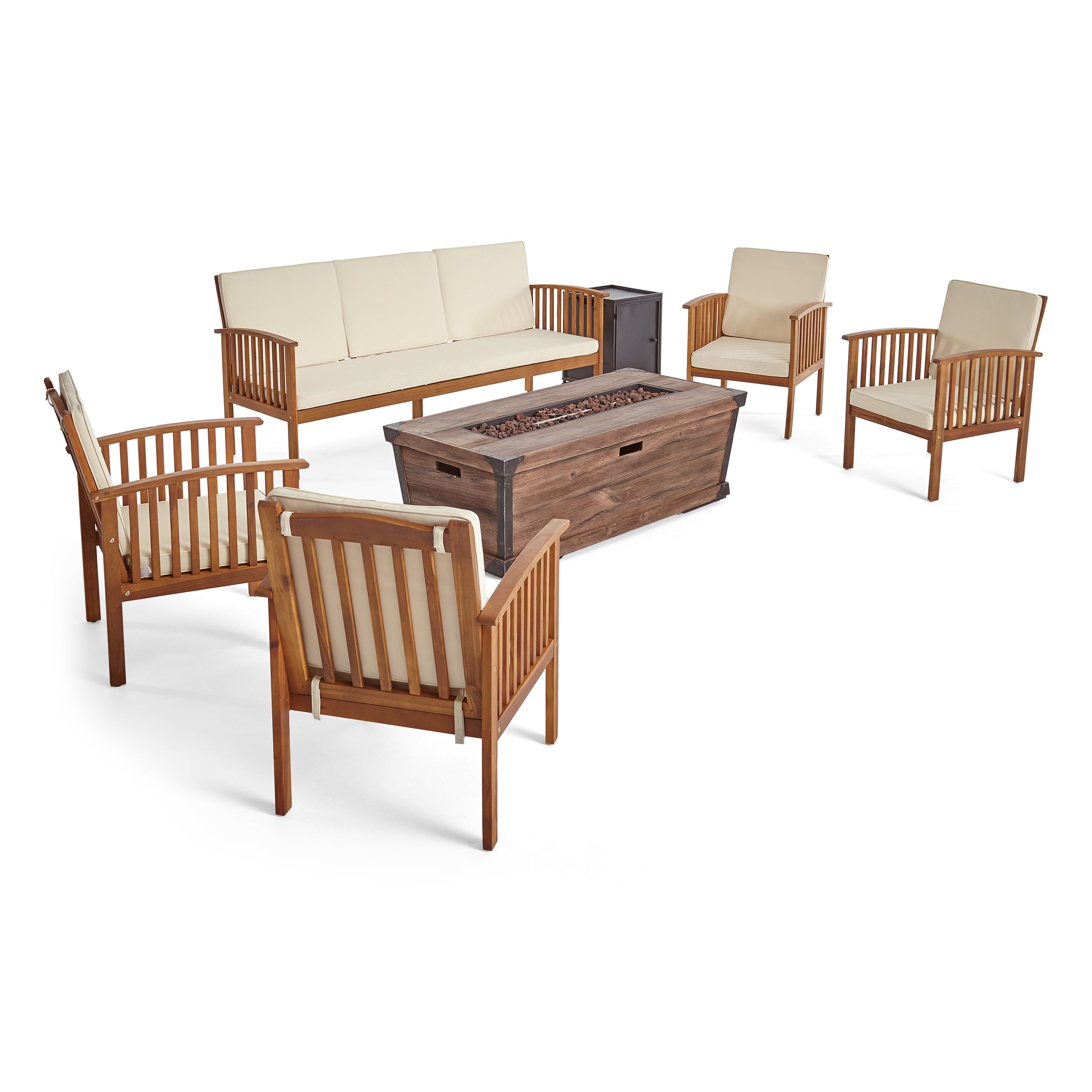 Beckley Outdoor 5 Piece Acacia Wood Conversational Set with Cushions and Fire Pit