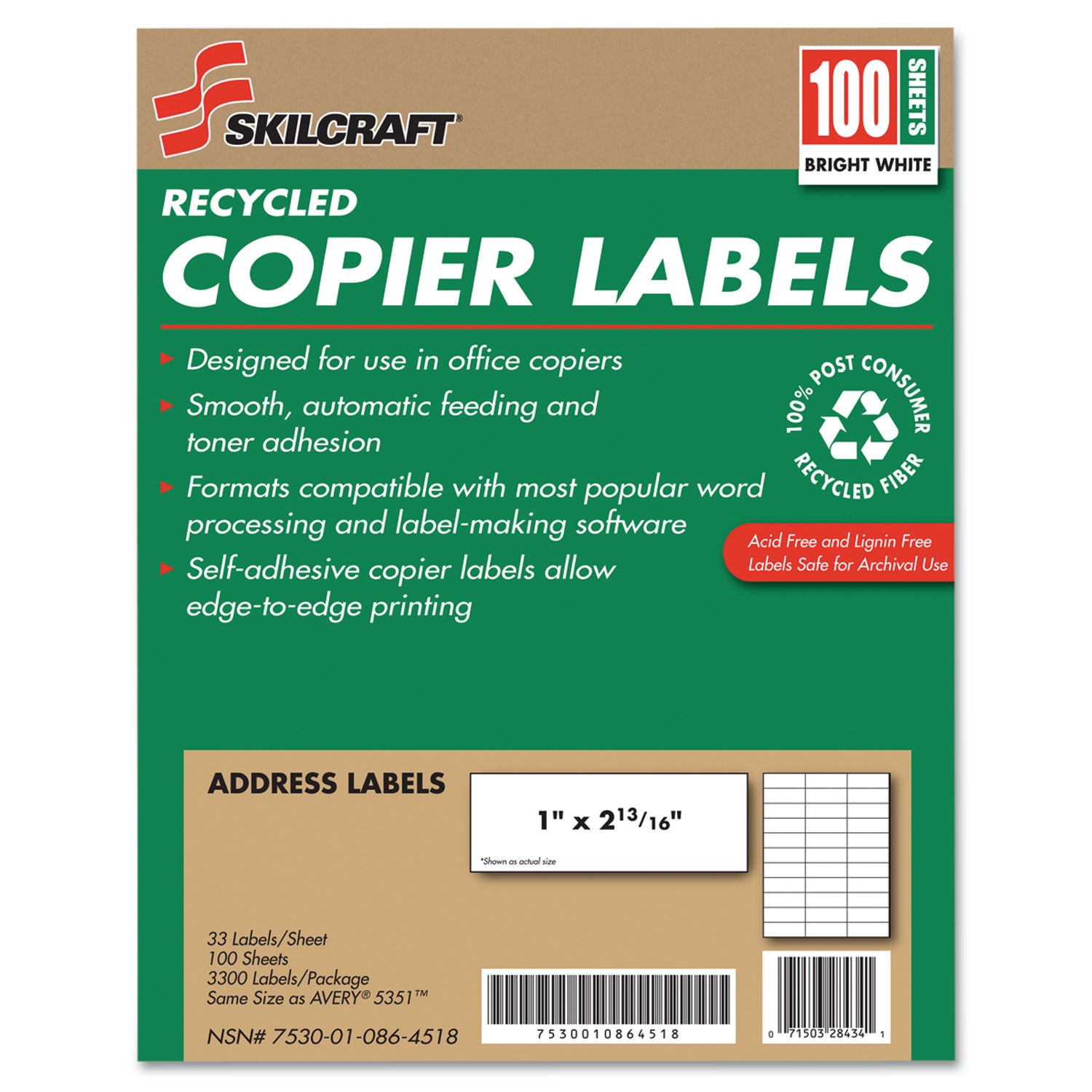 SKILCRAFT Recycled Copier Labels by AbilityOneandreg; NSN0864518