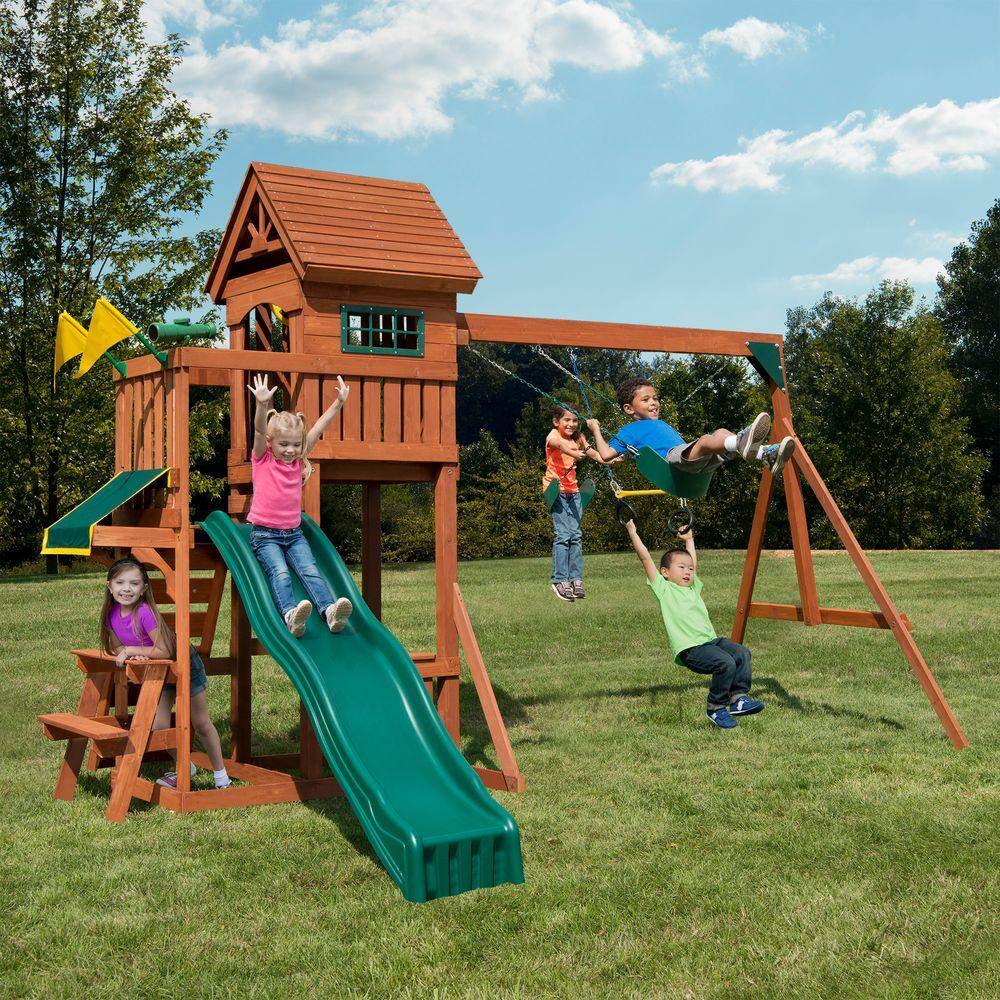 Swing-N-Slide Playsets Sedona Summit Complete Wooden Outdoor Playset with Slide Picnic Table Swings and Backyard Swing Set Accessories PB 8380