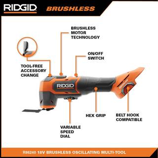 RIDGID 18V Brushless Cordless Oscillating Multi-Tool (Tool Only) and 14-Piece Oscillating Blade Set R86240B-AC24J14