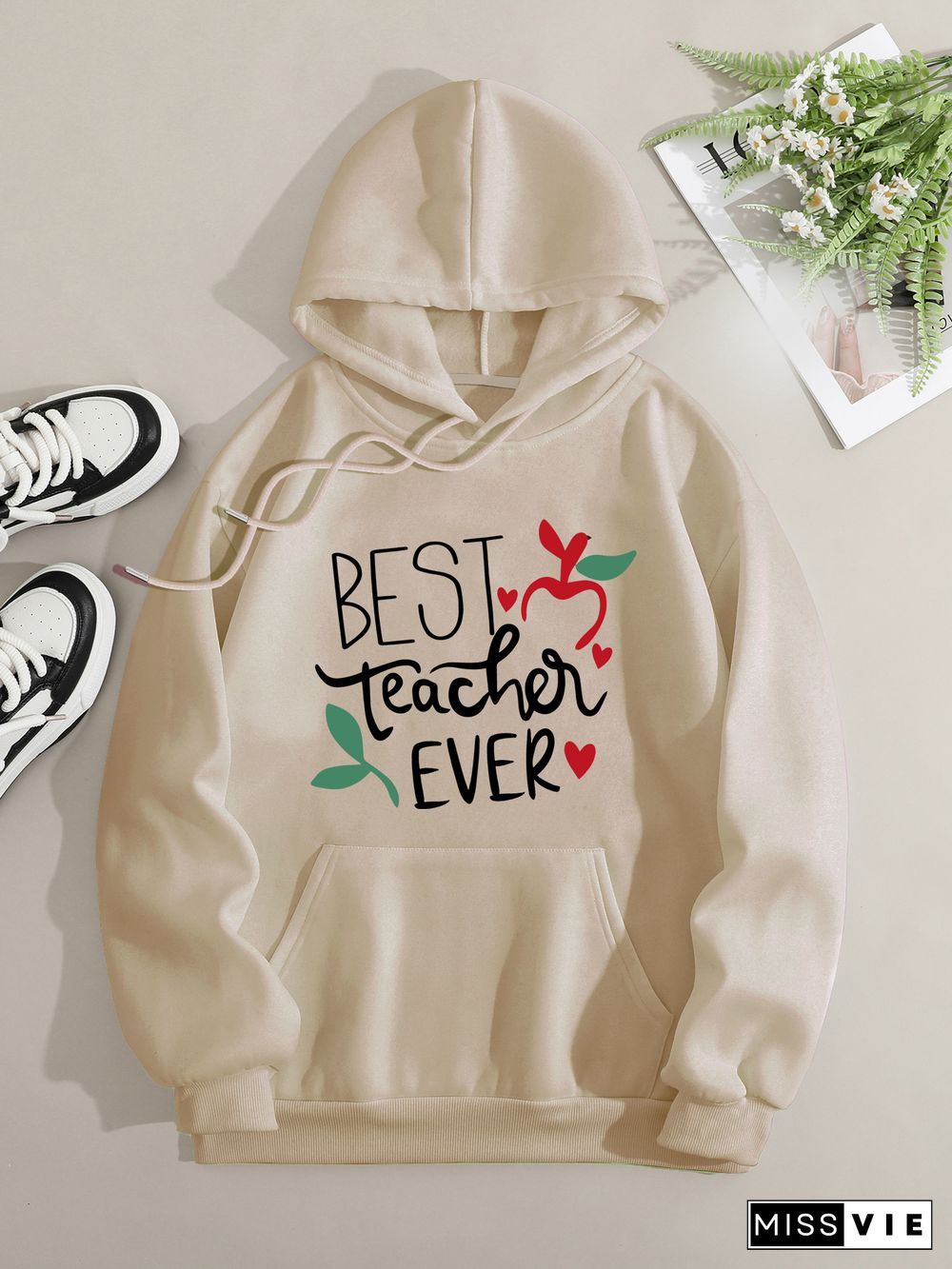 Printed on front Kangaroo Pocket Hoodie Long Sleeve for Women Pattern Best teacher ever