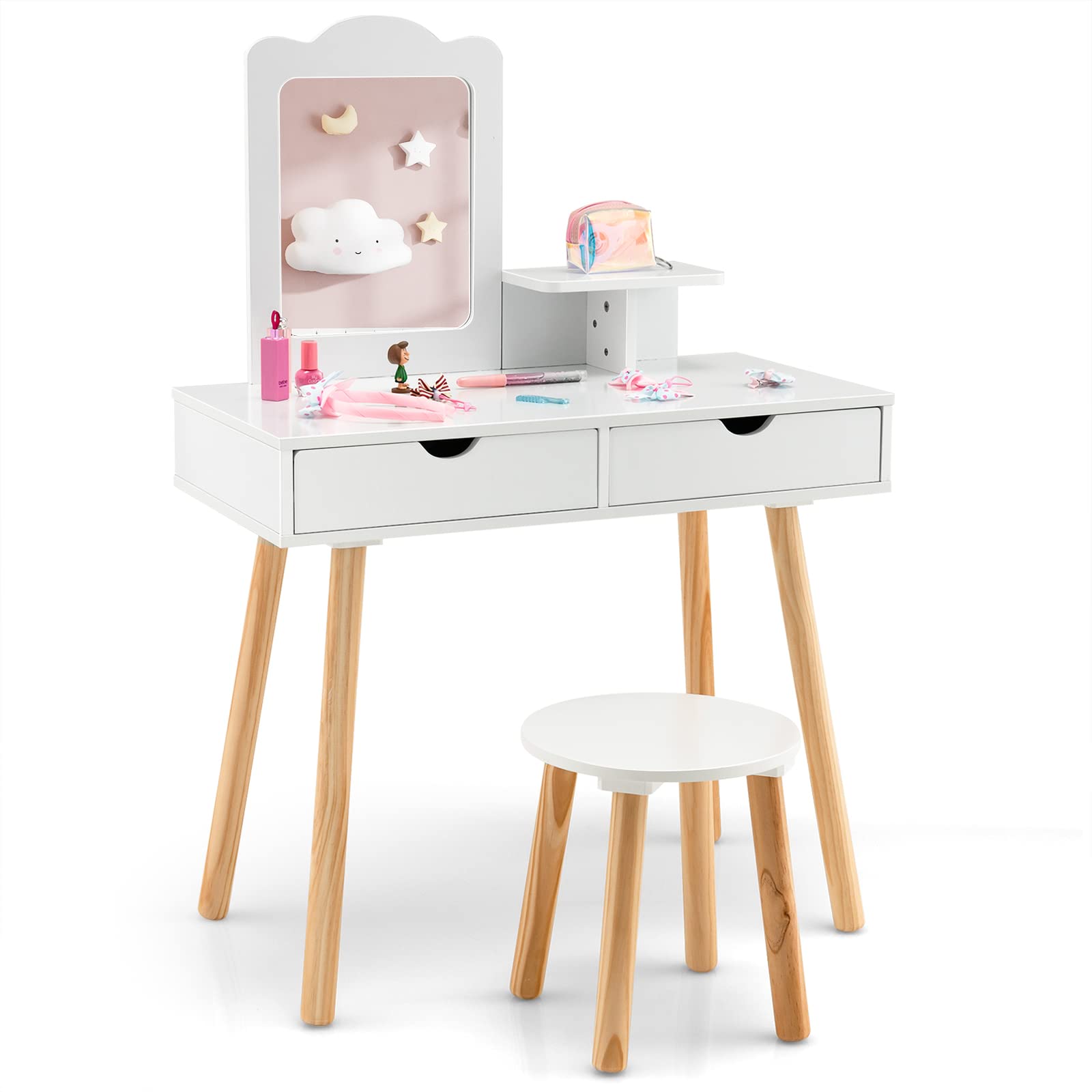 Costzon Kids Vanity Set, Girls Vanity Set with Mirror and Stool, 2 Large Drawers, Storage Shelf