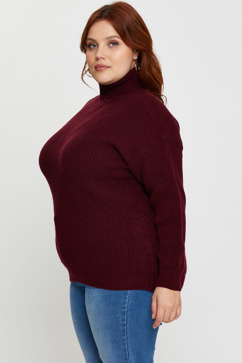 Red Knit Top Turtle Neck Long Sleeve Longline