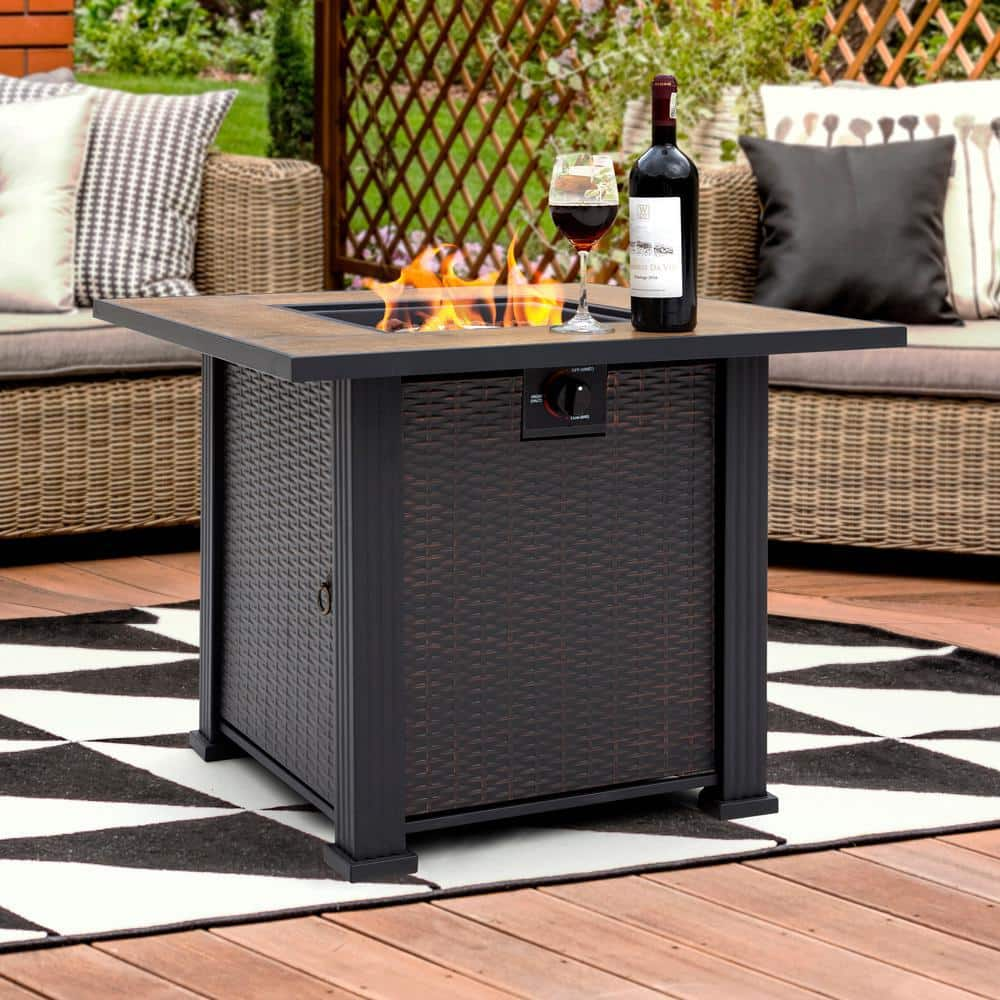 Nuu Garden 40000 BTU 30 in x 24 in Square Wickerlike Iron Propane Gas Fire Pit Table with Cover Ceramic Top and Lava Rocks