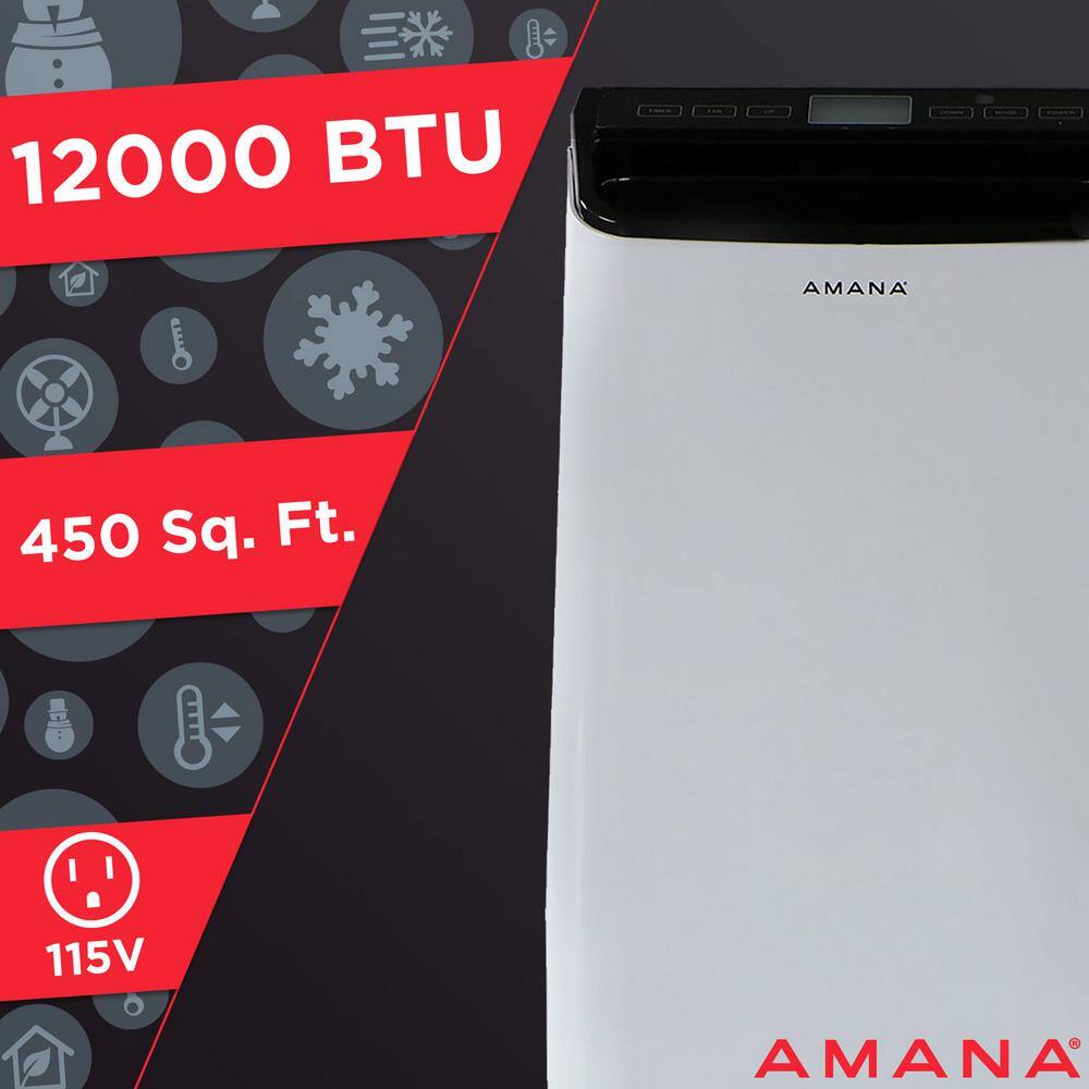 Amana 12000 BTU (7500 BTU DOE) Portable AC with Remote 450 sq. ft. Timer 3-Speed LCD Display Auto-Restart Wheels White Black AMAP121AB-2