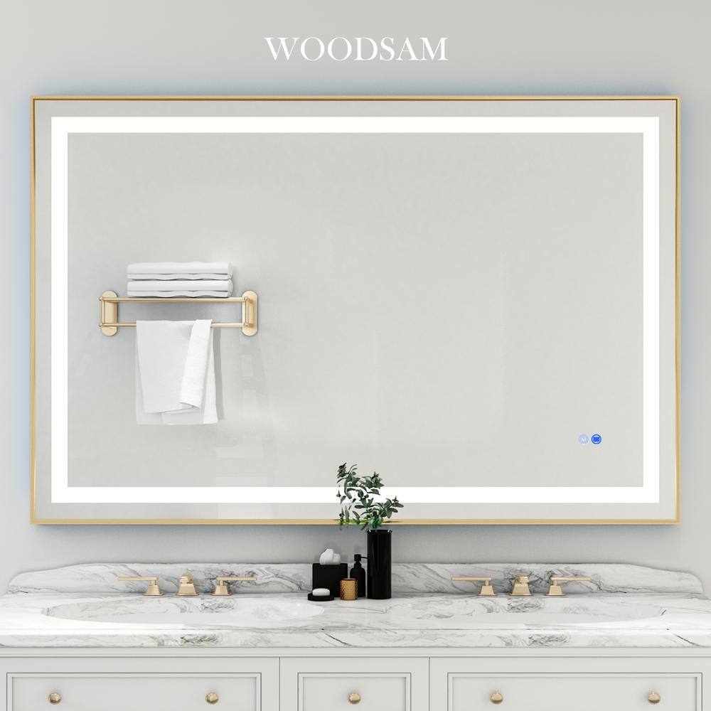 WOODSAM 55 in. W x 40 in. H Rectangular Aluminum Framed Anti-Fog LED Lighted Wall Bathroom Vanity Mirror in Brushed Gold LM02-W5540-BG