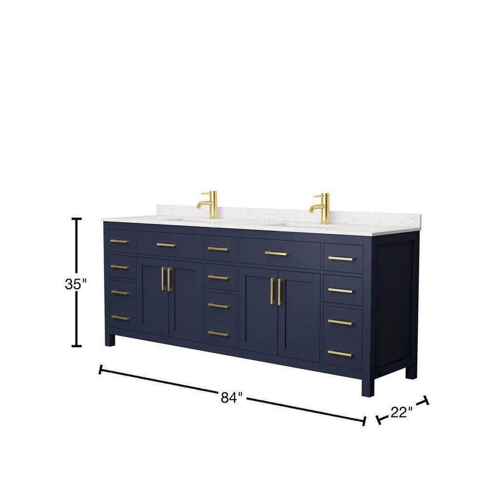 Wyndham Collection Beckett 84 in. W x 22 in. D Double Vanity in Dark Blue with Cultured Marble Vanity Top in Carrara with White Basins WCG242484DBLCCUNSMXX