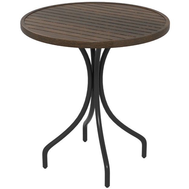 Round Patio Table With Steel Frame And Slat Tabletop For Garden Backyard Porch Balcony Distressed Brown