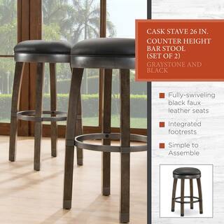 Leick Home Favorite Finds Graystone Wood Cask Stave Counter Height Stool with Black Faux Leather Seat (Pack of 2) 10118GSBL