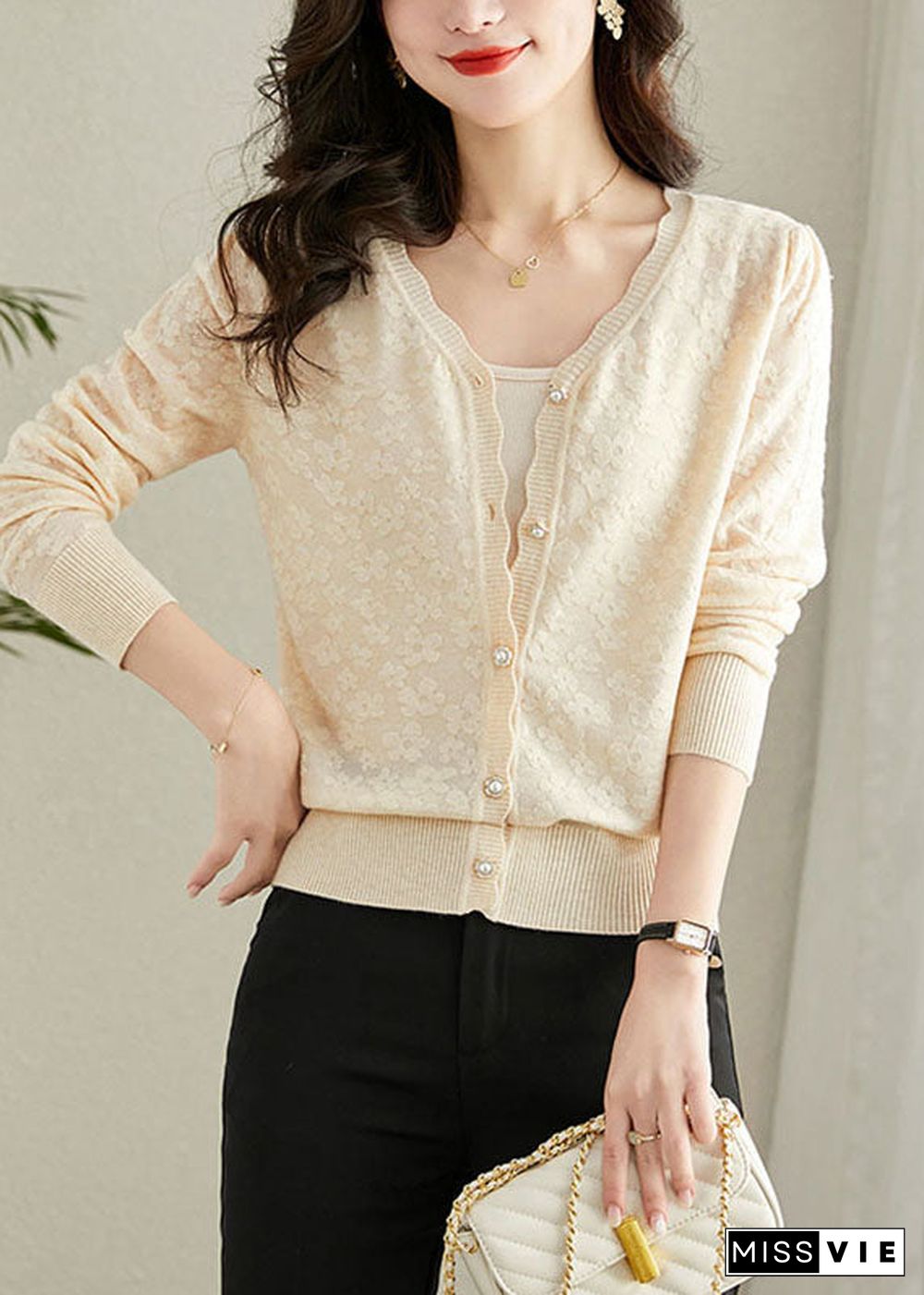 Loose Beige V Neck Knit Cardigans Long Sleeve