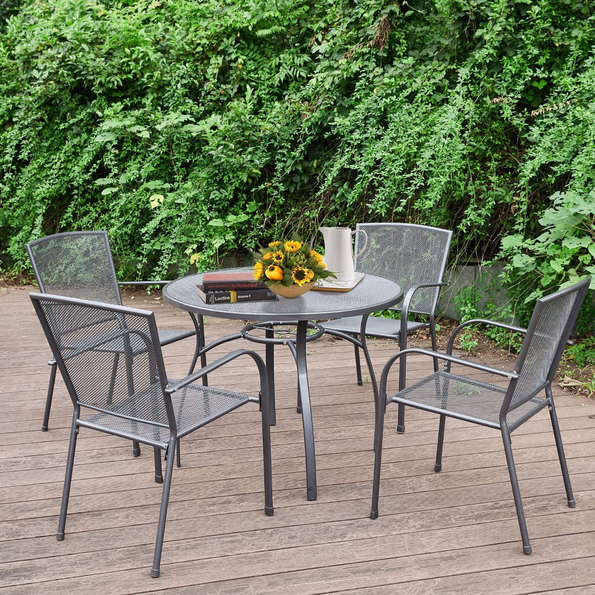 YODOLLA 5-Piece Patio Metal Dining Set， Outdoor Metal Dining Table Set with Round Table 1.73” Umbrella Hole and 4 Stackable Arm Chairs， Patio Dining Bistro Set for Garden，Bistro，Deck，Dark Gray