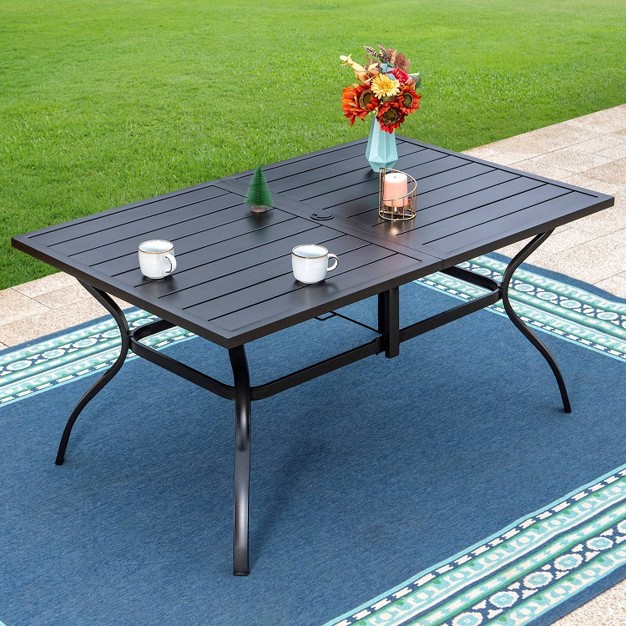 7pc Patio Dining Set Rectangle Steel Table With Umbrella Hole Stackable Stripe Pattern Arm Chairs Black Captiva Designs