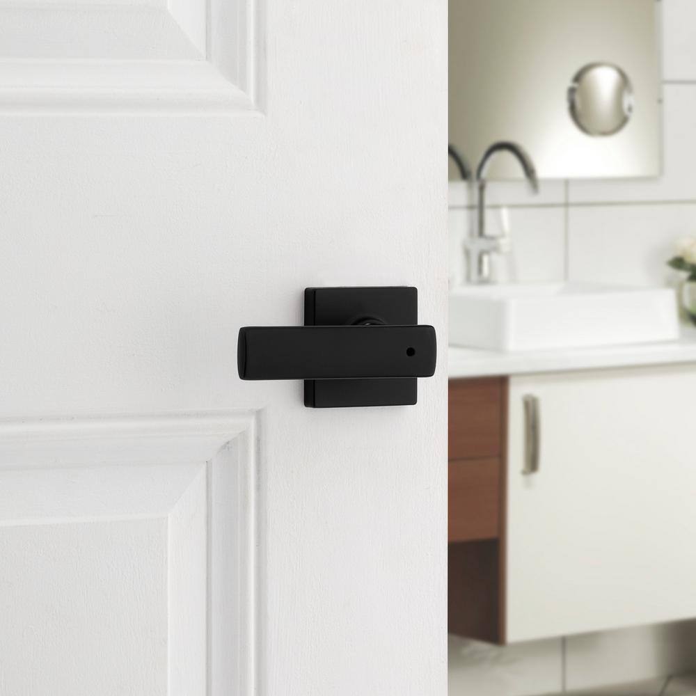 Kwikset Breton Square Matte Black BedBath Door Handle Featuring Microban with Lock 300BRNLSQT5146A