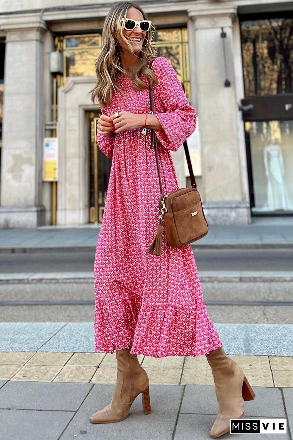 Rose Printed Ruffled Hem Long Dress